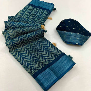 Blue Zig Zag Printed Kota Doria Saree With Tassels