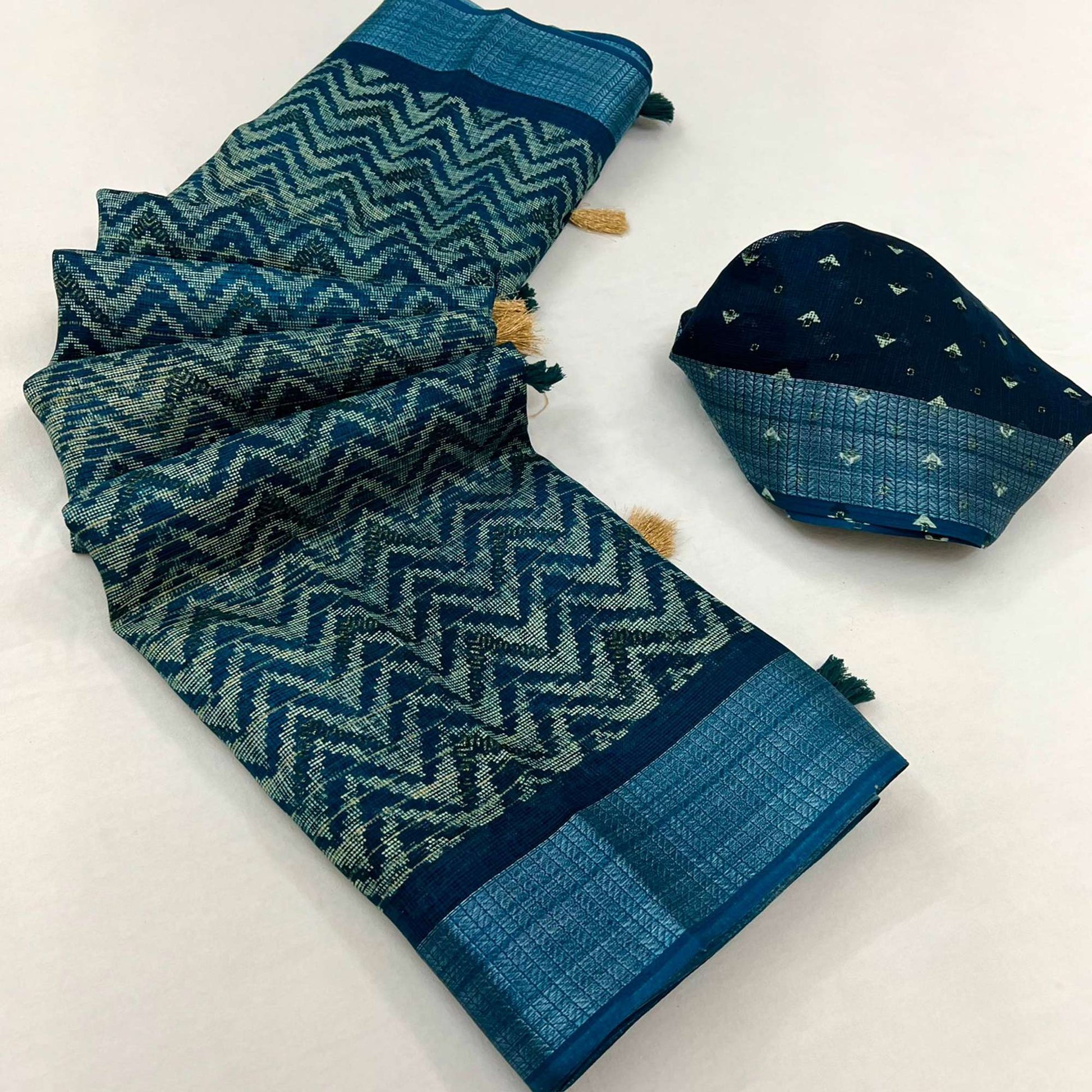Blue Zig Zag Printed Kota Doria Saree With Tassels