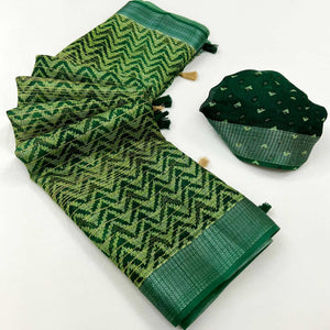 Bottle Green Zig Zag Printed Kota Doria Saree With Tassels