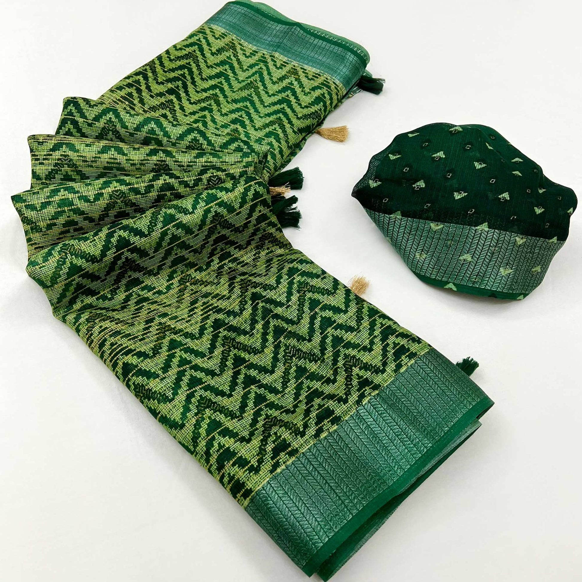 Bottle Green Zig Zag Printed Kota Doria Saree With Tassels