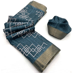 Dark Teal Blue Printed Cotton Blend Saree With Zari Border