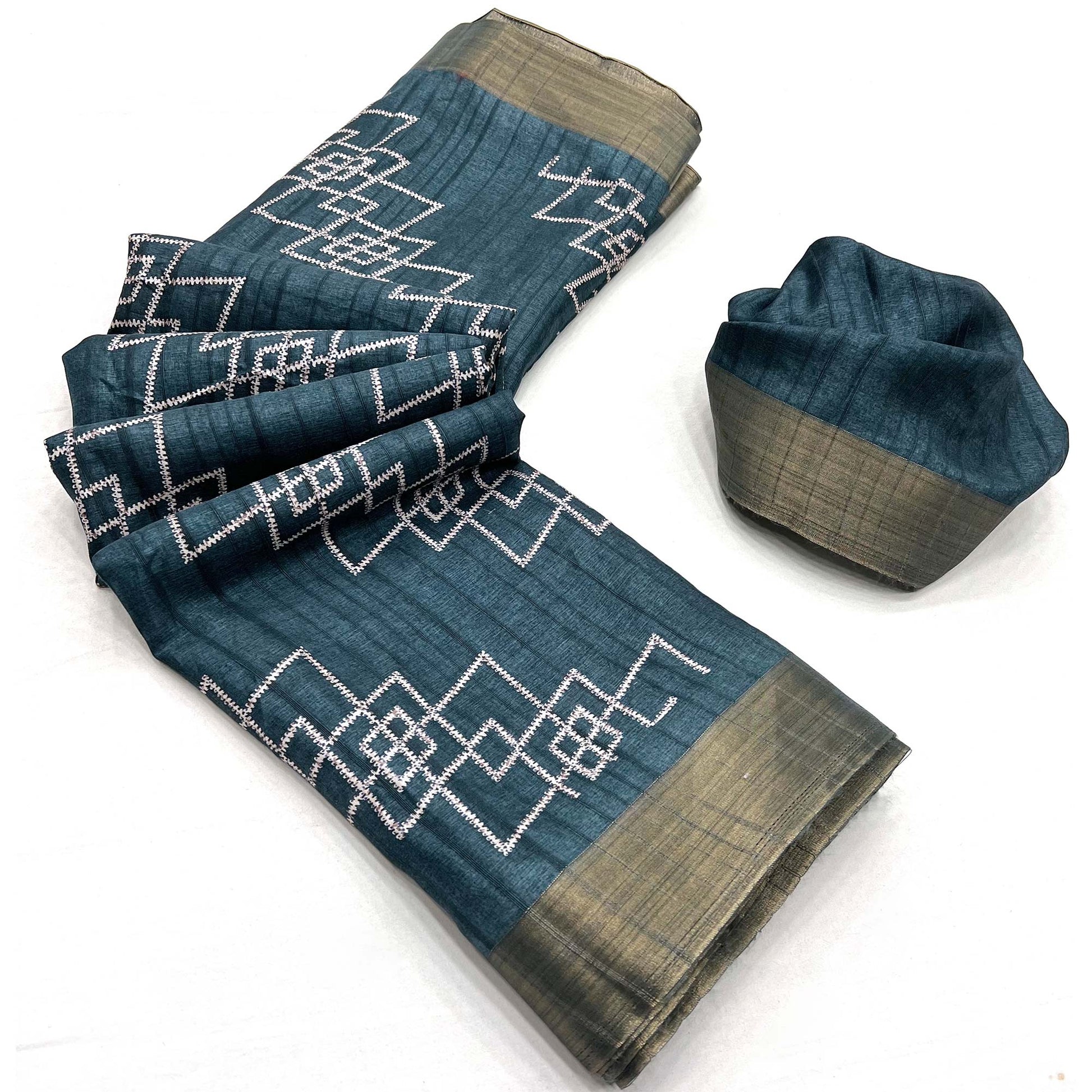 Dark Teal Blue Printed Cotton Blend Saree With Zari Border