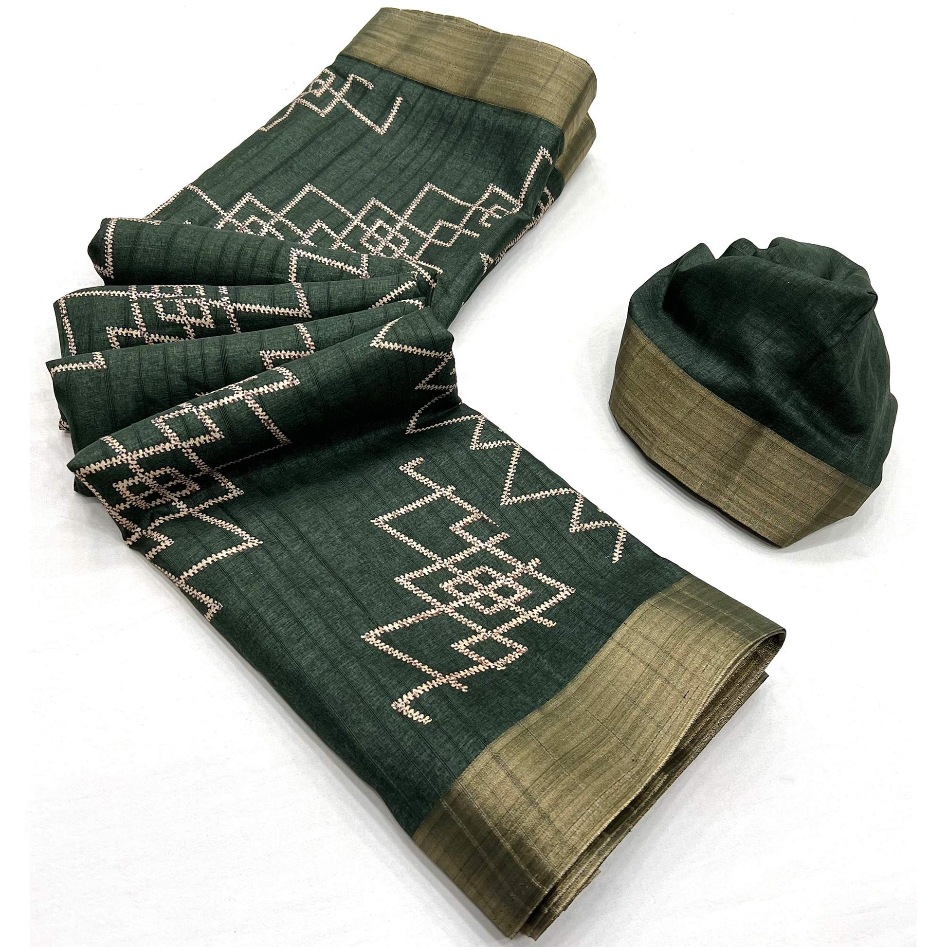 Bottle Green Printed Cotton Blend Saree With Zari Border