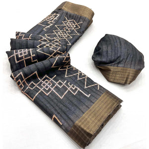 Grey Printed Cotton Blend Saree With Zari Border