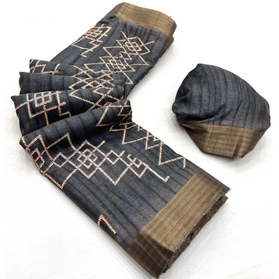 Grey Printed Cotton Blend Saree With Zari Border