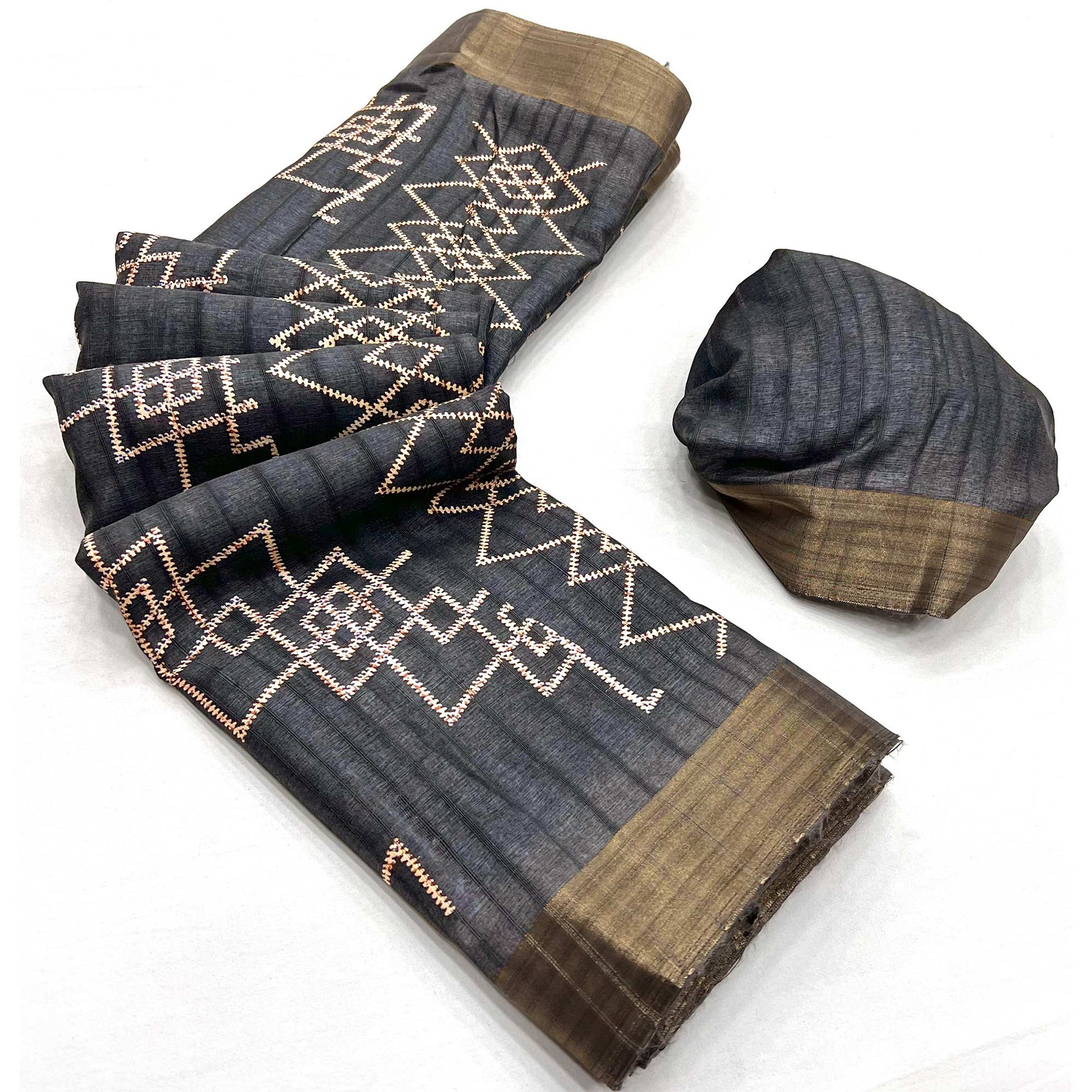 Grey Printed Cotton Blend Saree With Zari Border