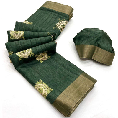 Bottle Green Printed Cotton Blend Saree With Zari Border