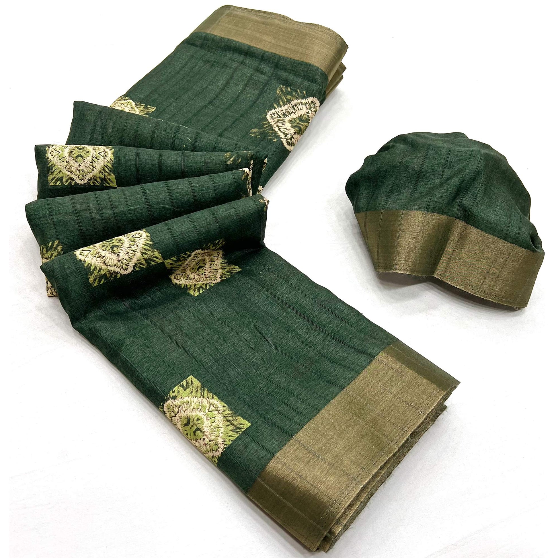 Bottle Green Printed Cotton Blend Saree With Zari Border