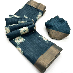Dark Teal Blue Printed Cotton Blend Saree With Zari Border