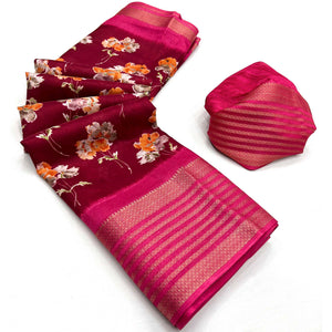 Maroon Floral Printed Dola Silk Saree With Woven Border