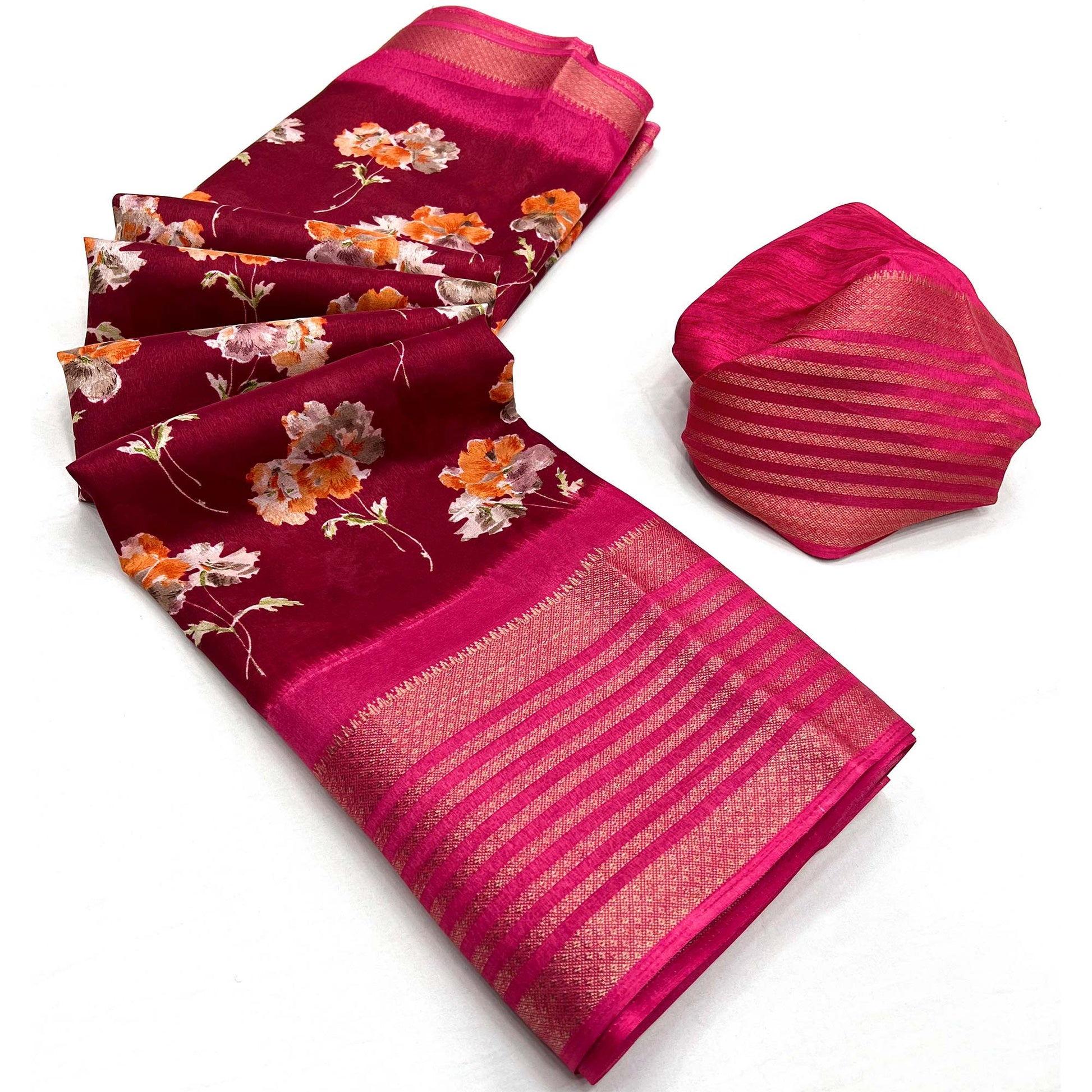 Maroon Floral Printed Dola Silk Saree With Woven Border