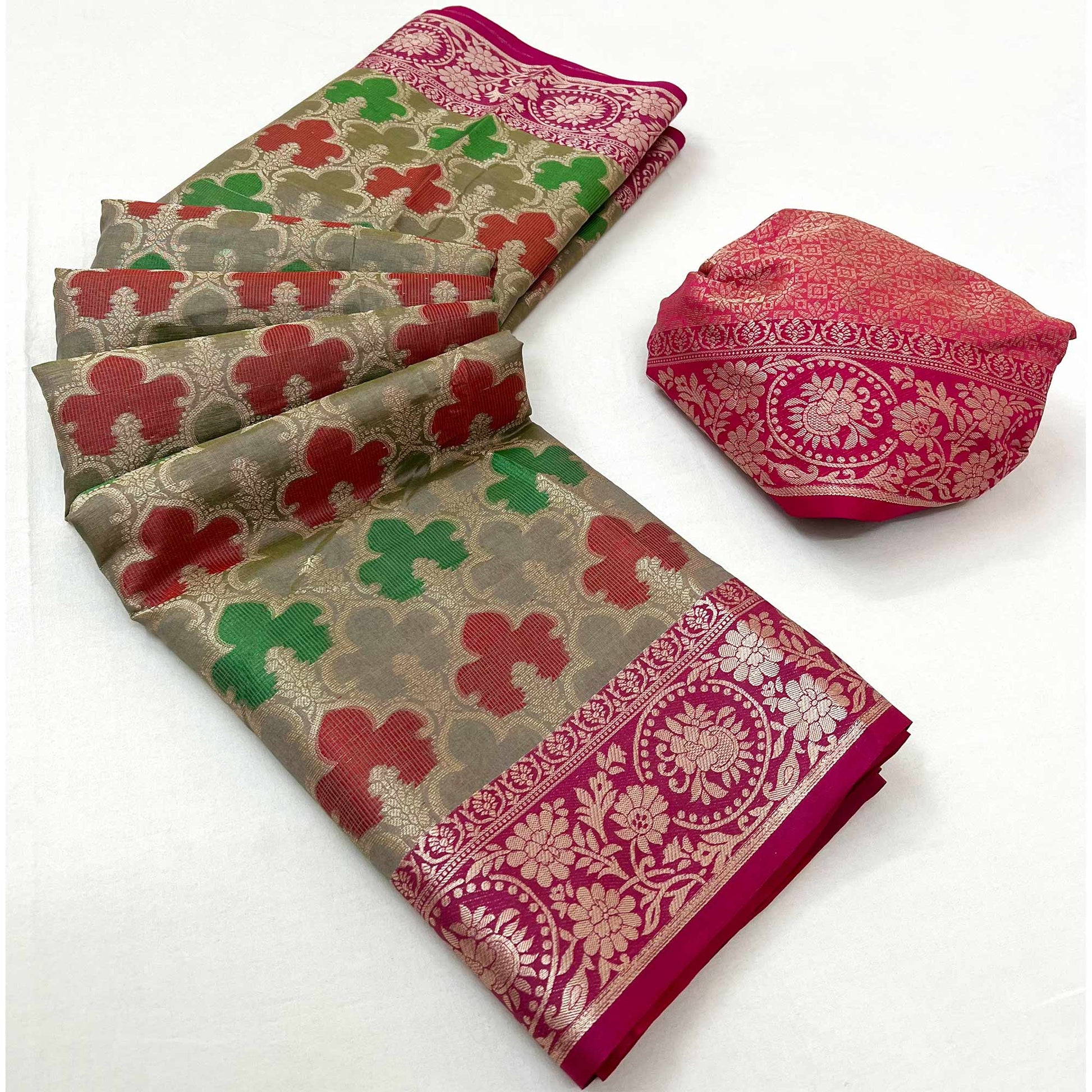 grey-rani-pink-floral-woven-organza-saree