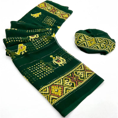Bottle Green Bandhani Printed With Sequins Work Georgette Saree