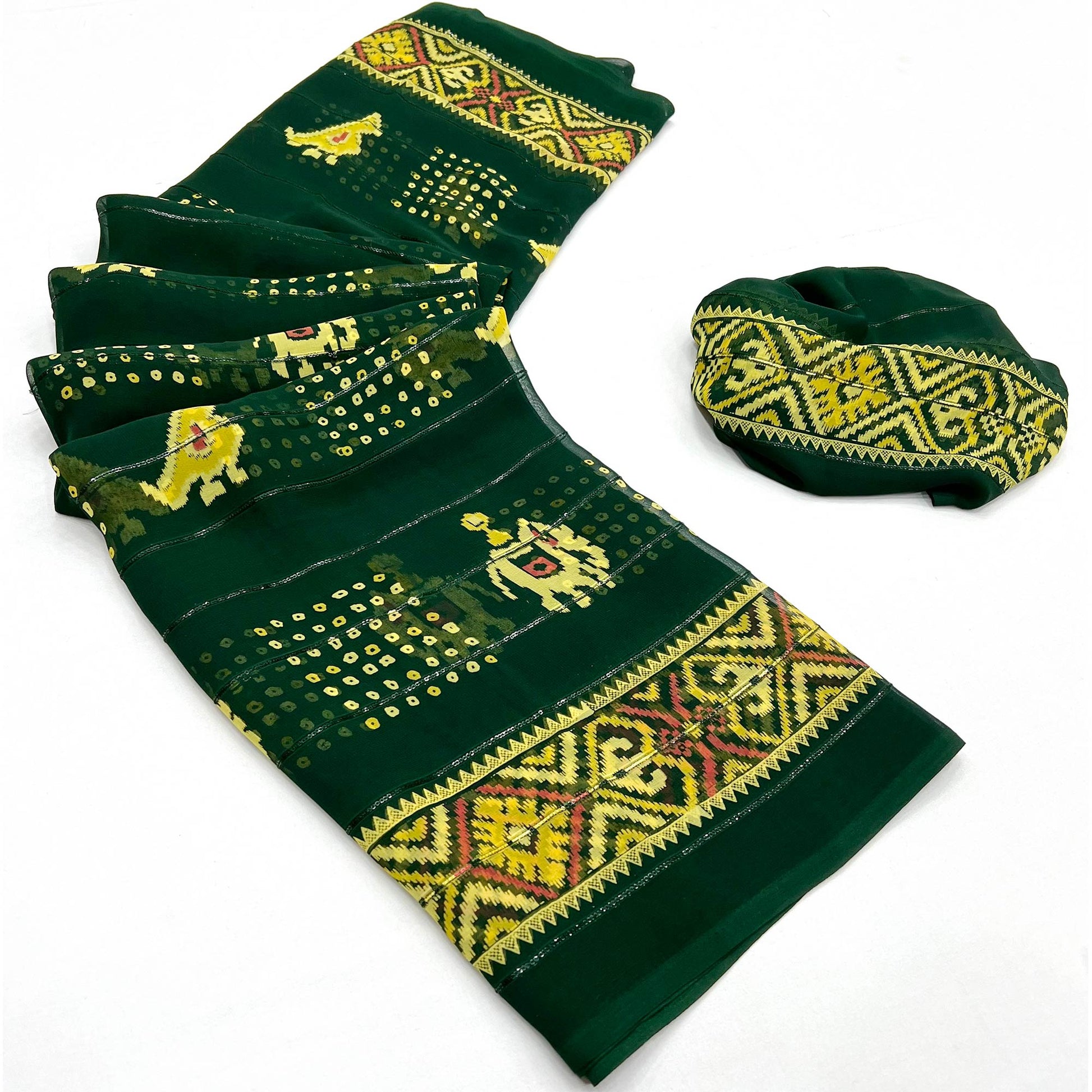 Bottle Green Bandhani Printed With Sequins Work Georgette Saree