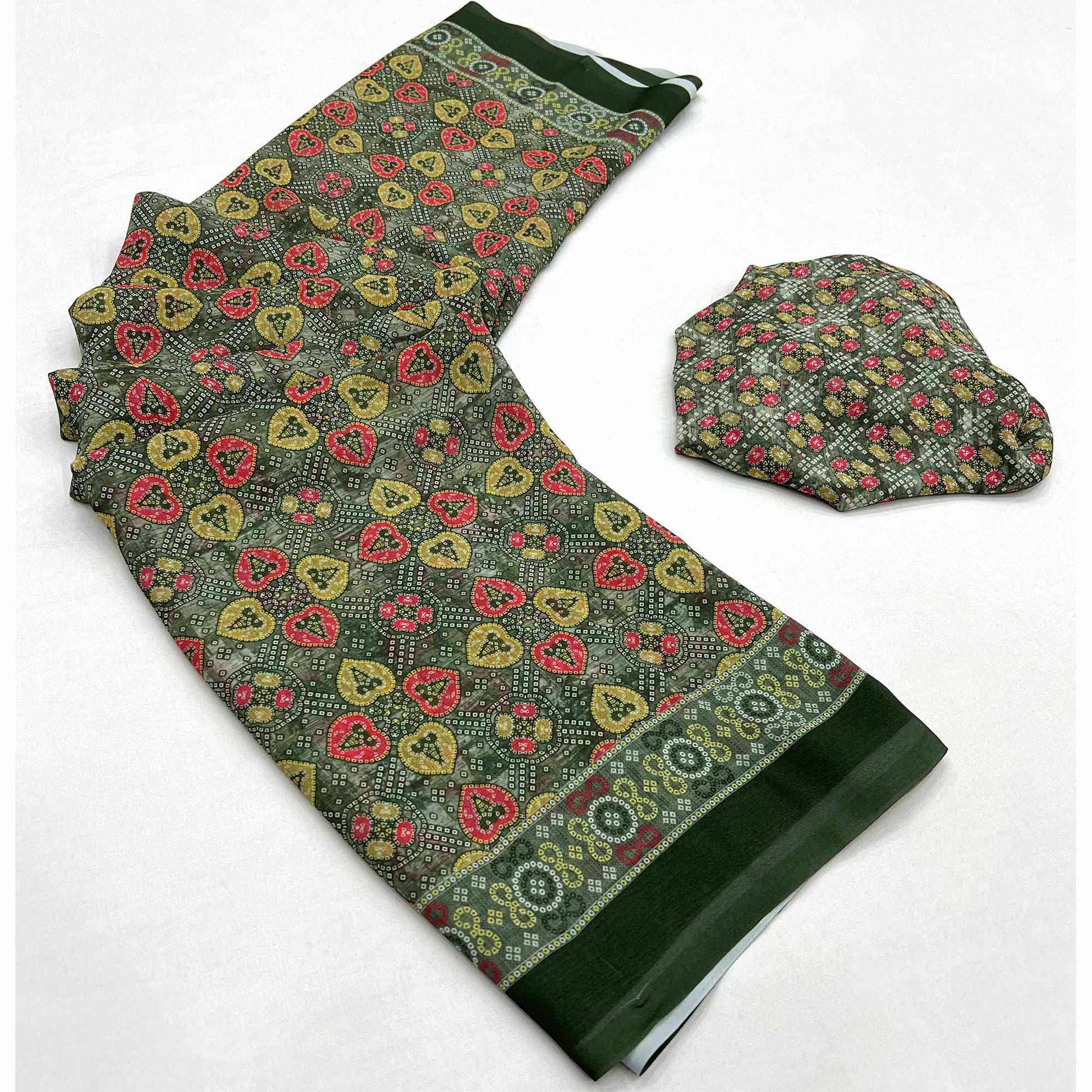 Bottle Green Bandhani Digital Printed Georgette Saree