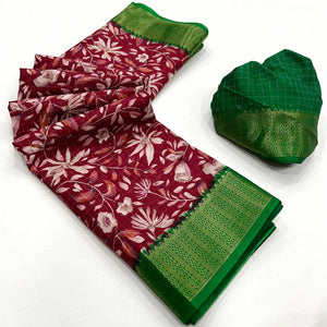 Maroon Floral Printed Dola Silk Saree With Woven Border