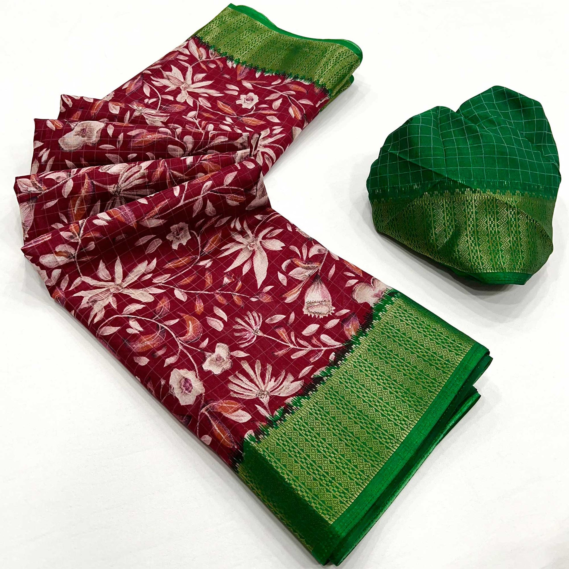 Maroon Floral Printed Dola Silk Saree With Woven Border