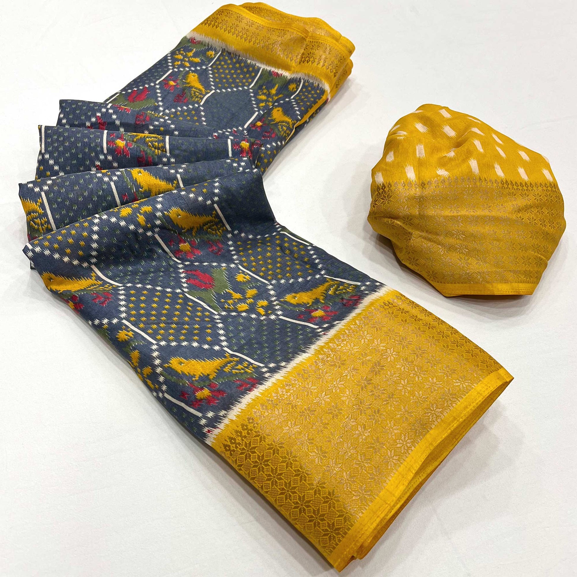 Grey Printed Dola Silk Saree With Woven Border