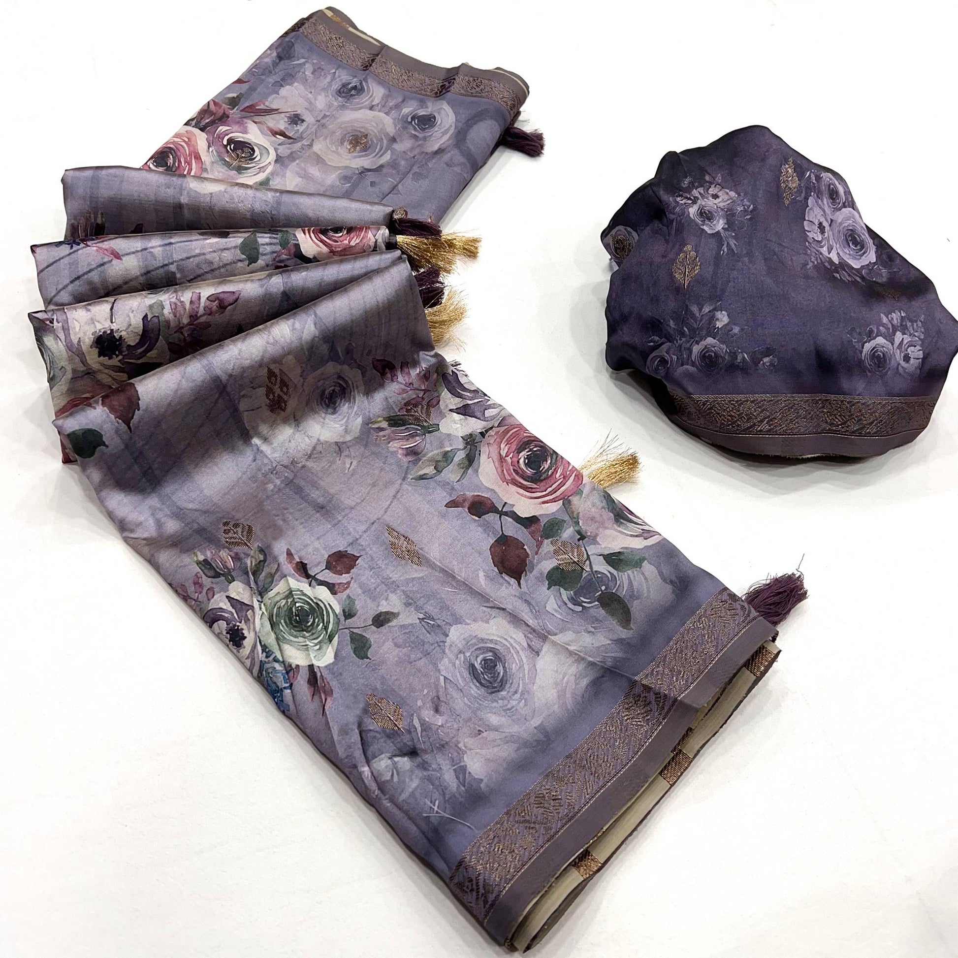 Light Purple Floral Digital Printed Cotton Silk Saree With Zari Border