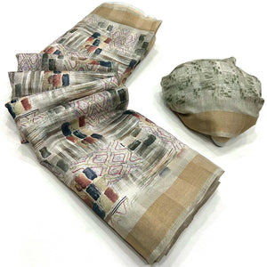 Chikoo Digital Printed Cotton Blend Saree With Woven Border