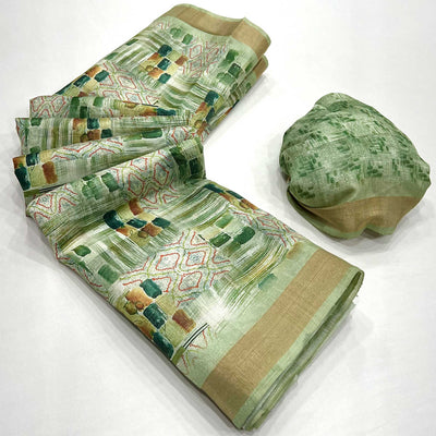 green-digital-printed-cotton-blend-saree-with-weaving-border
