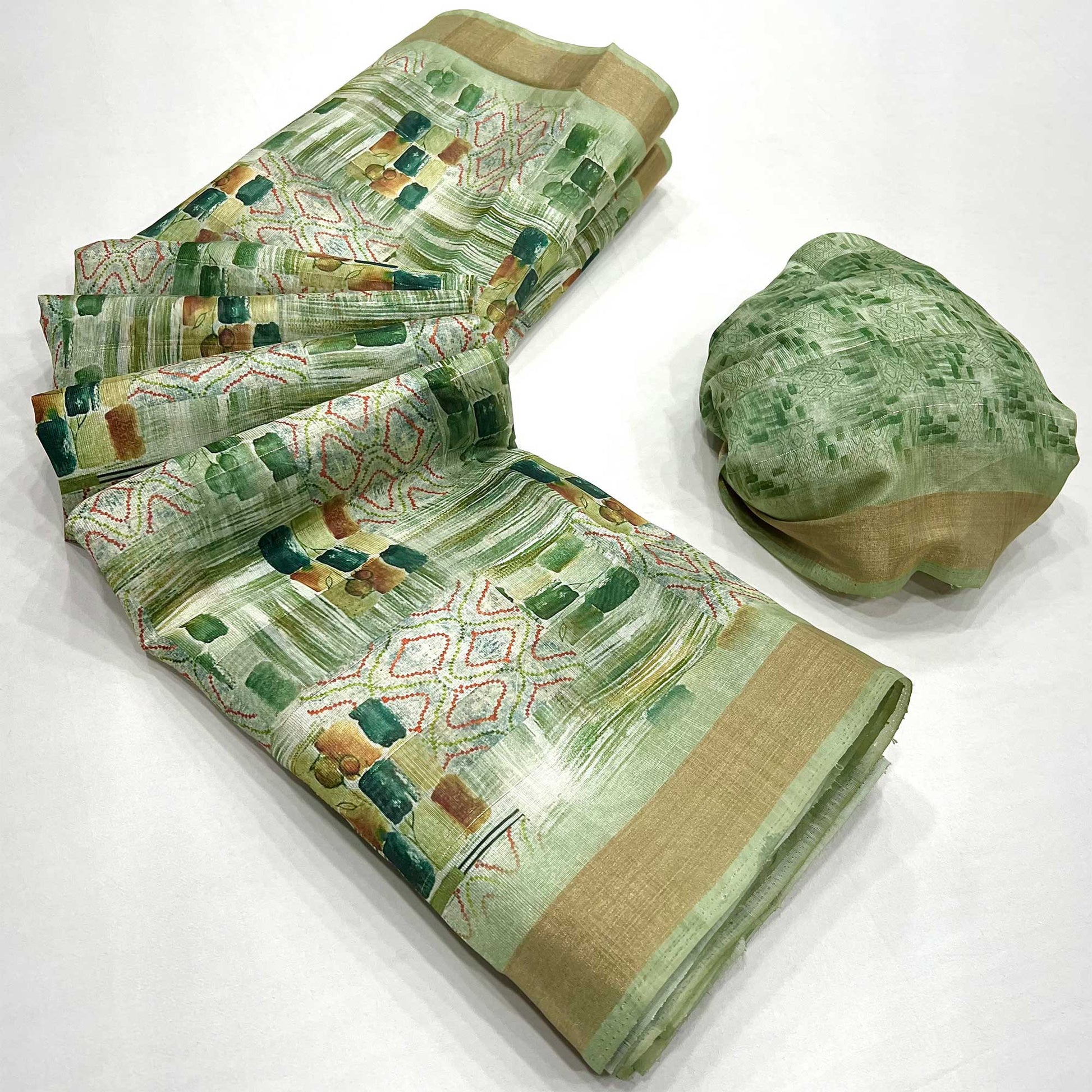 green-digital-printed-cotton-blend-saree-with-weaving-border