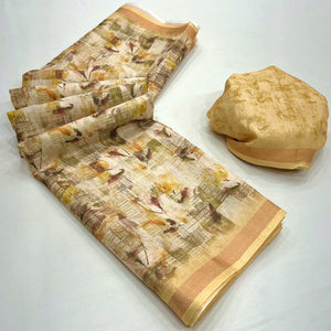 Light Yellow Floral Digital Printed Cotton Blend Saree With Woven Border