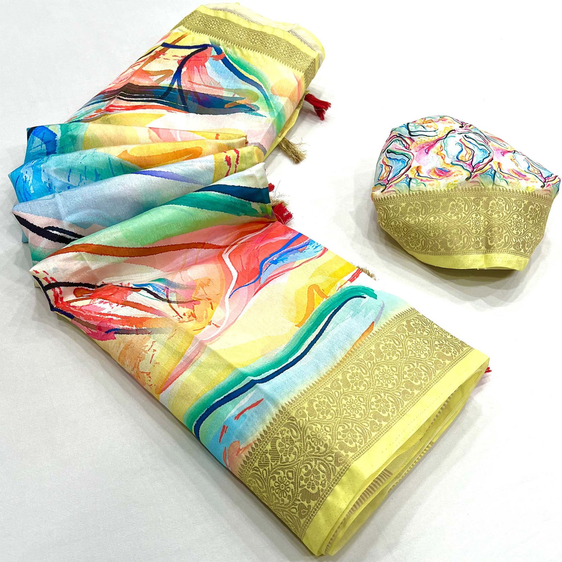 Lemon Yellow Digital Printed Dola Silk Saree With Woven Border