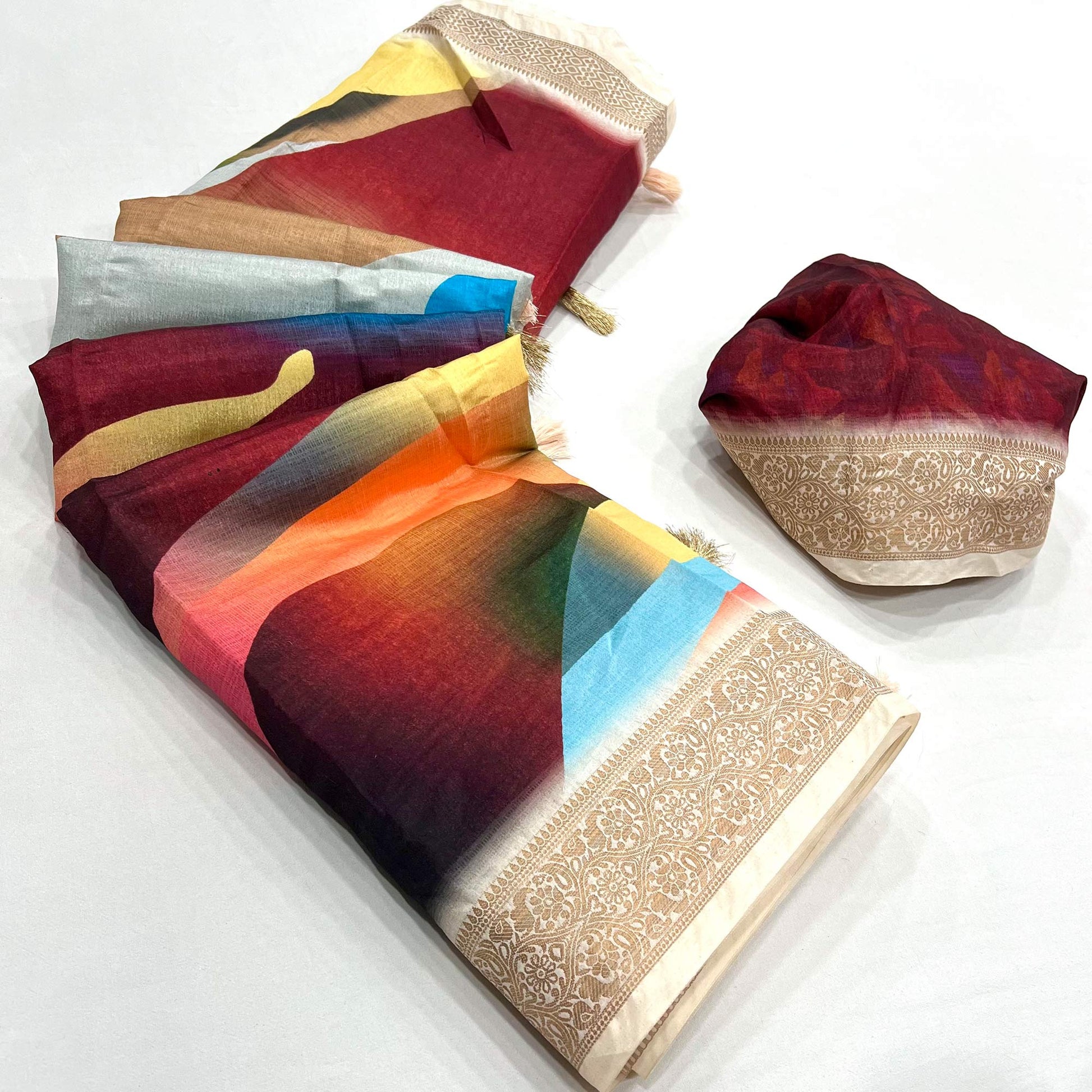 Multicolor Digital Printed Dola Silk Saree With Woven Border