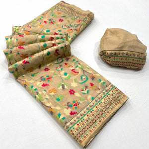 Chikoo Floral Woven Cotton Blend Saree