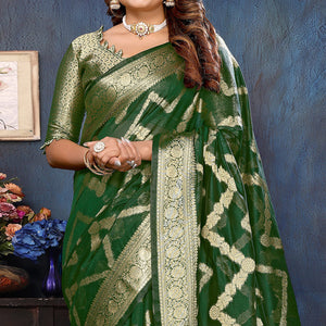 Bottle Green Flora Woven Organza Saree