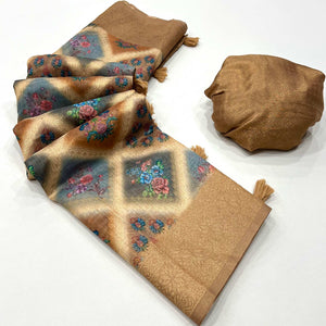 Brown Woven With Floral Digital Printed Cotton Saree