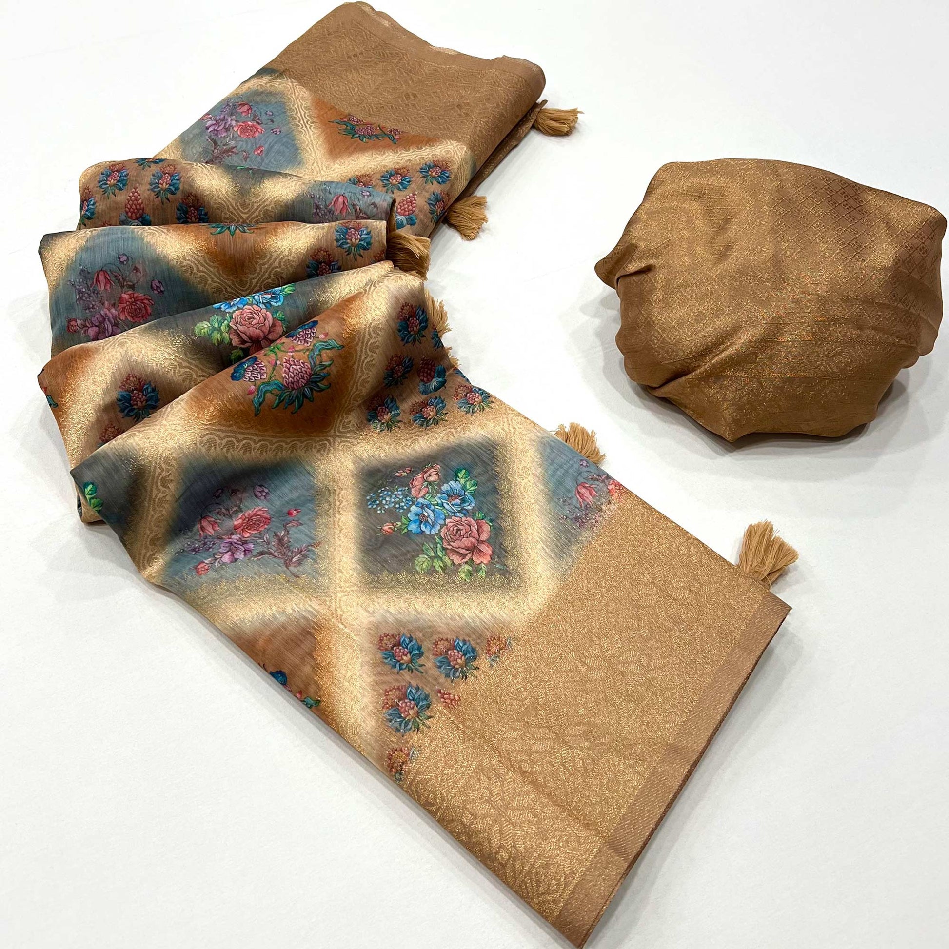 Brown Woven With Floral Digital Printed Cotton Saree