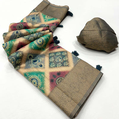 Grey Woven With Floral Digital Printed Cotton Saree