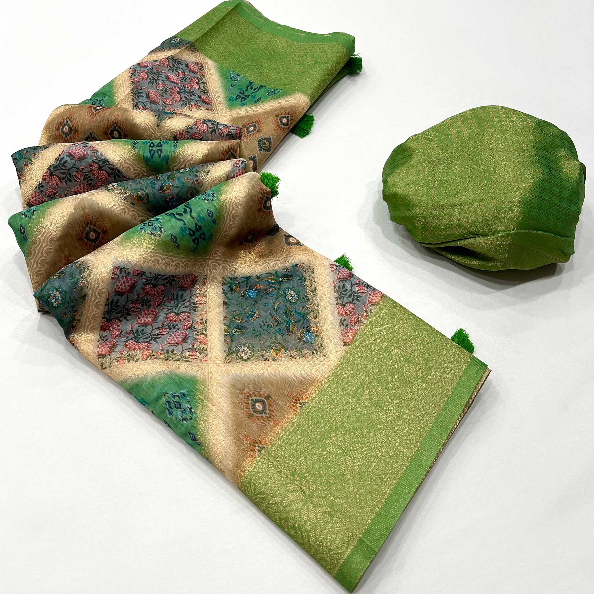 green-woven-with-floral-digital-printed-cotton-saree