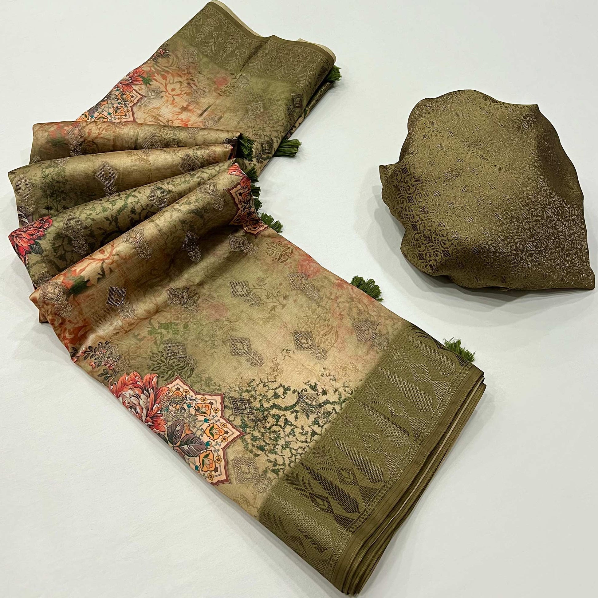 Mehendi Green Woven With Digital Printed Art Silk Saree