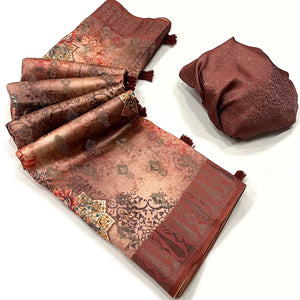 Brick Red Woven With Digital Printed Art Silk Saree