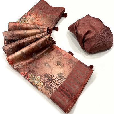Brick Red Woven With Digital Printed Art Silk Saree