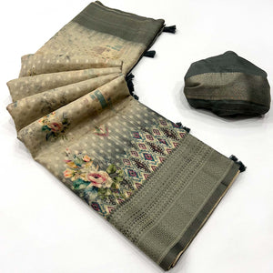 Grey Woven With Floral Digital Printed Georgette Saree