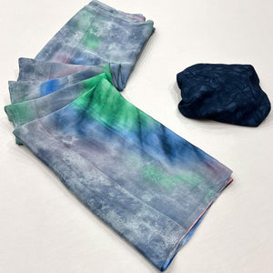 Bluish Grey Printed Crepe Silk Saree
