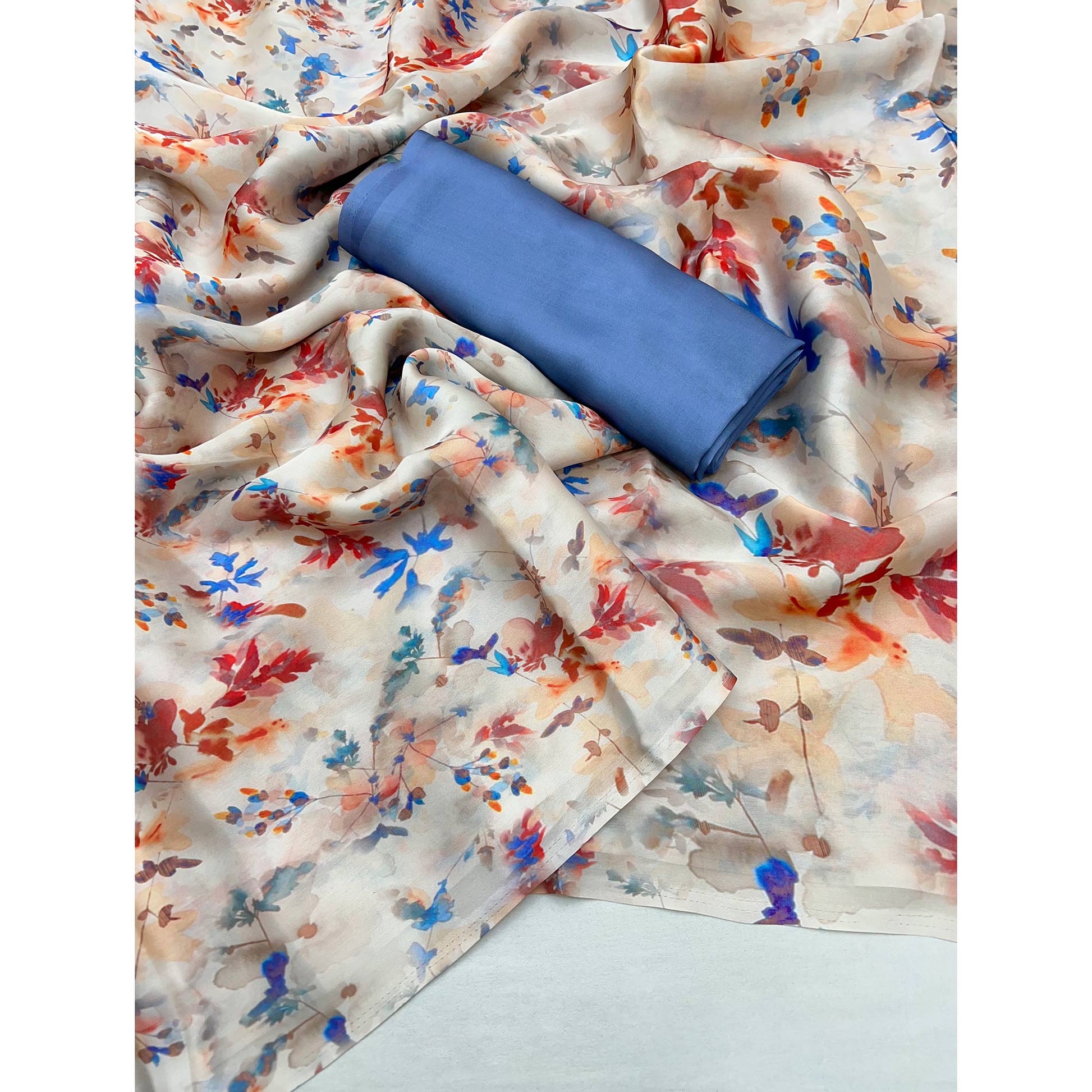 Cream Floral Digital Printed Georgette Saree