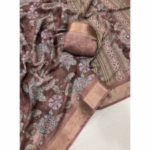 Brown Floral Digital Printed Moss Georgette Saree With Zari Border