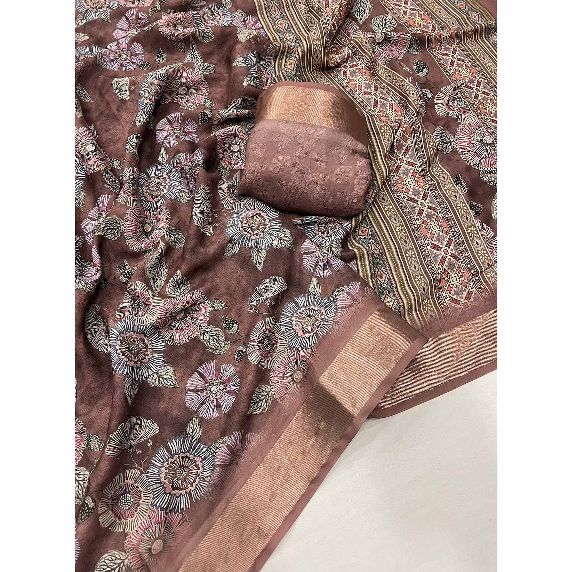 Brown Floral Digital Printed Moss Georgette Saree With Zari Border