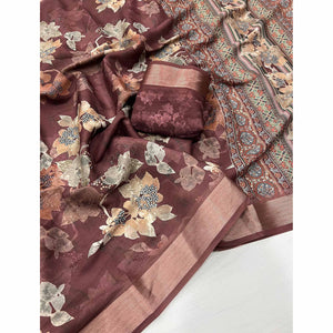 Brown Floral Digital Printed Moss Georgette Saree With Zari Border