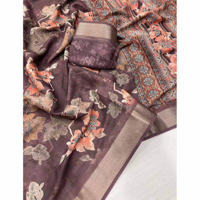 Coffee Brown Floral Digital Printed Moss Georgette Saree With Zari Border
