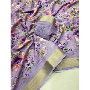 Light Purple Floral Digital Printed Moss Georgette Saree With Zari Border