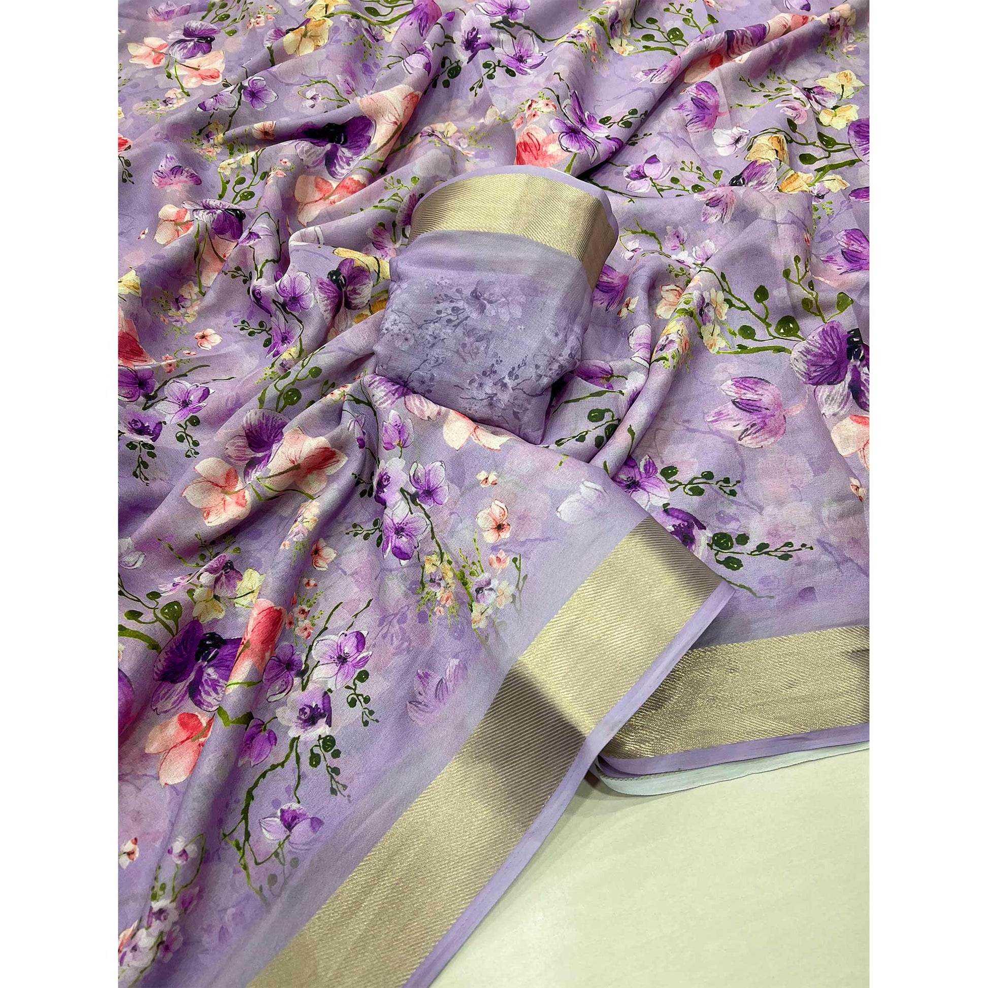 Light Purple Floral Digital Printed Moss Georgette Saree With Zari Border