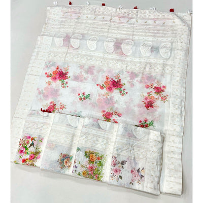 White Woven With Floral Digital Printed Cotton Blend Saree