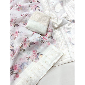 White Woven With Floral Digital Printed Cotton Blend Saree
