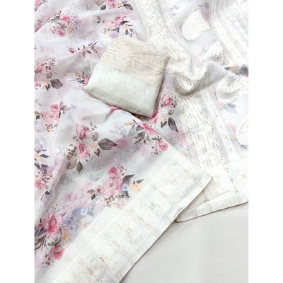 White Woven With Floral Digital Printed Cotton Blend Saree